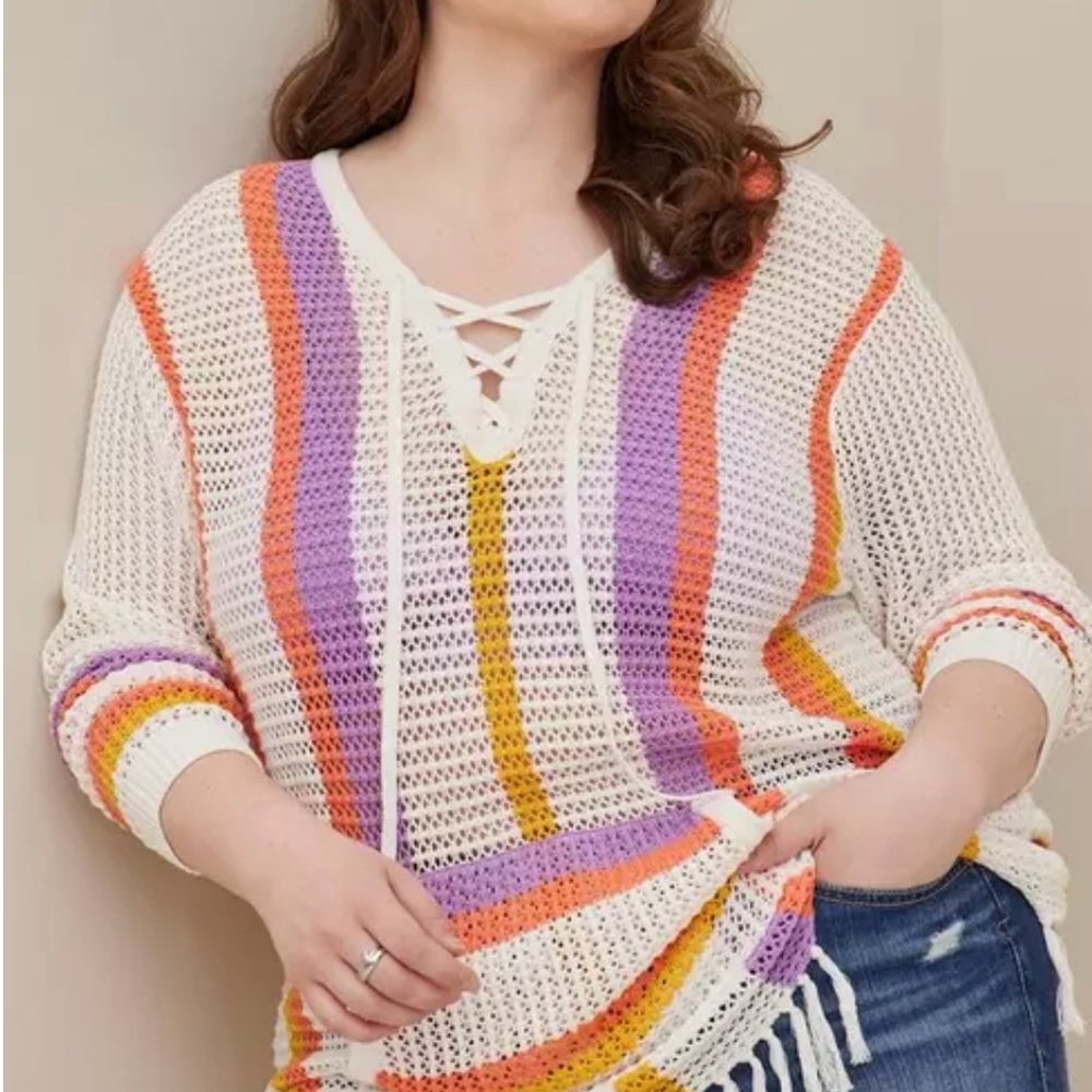 Striped Open Knit Fringe Sweater